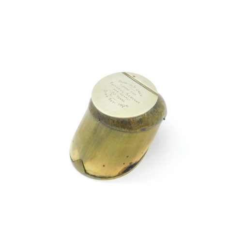 Edwardian Pony Hoof Brass Rim Inkwell ‘Poor Old Jack Died Sept. 1906’ Commemorative Antique