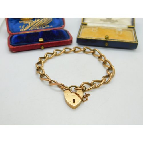 Georg Jensen 9ct Rose Gold Curb Link Charm Bracelet Heart Lock Vintage 1959