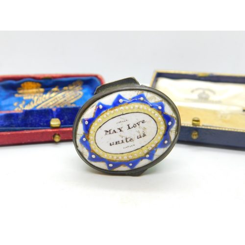 Georgian Bilston Enamel ‘May Love Unite Us’ Patch Box Antique c1800 AF