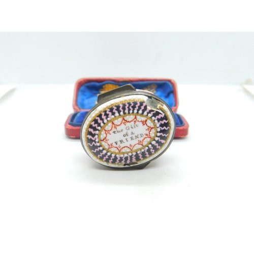 Georgian Bilston Enamel Patch Box ‘The Gift Of A Friend’ Antique c1800 AF