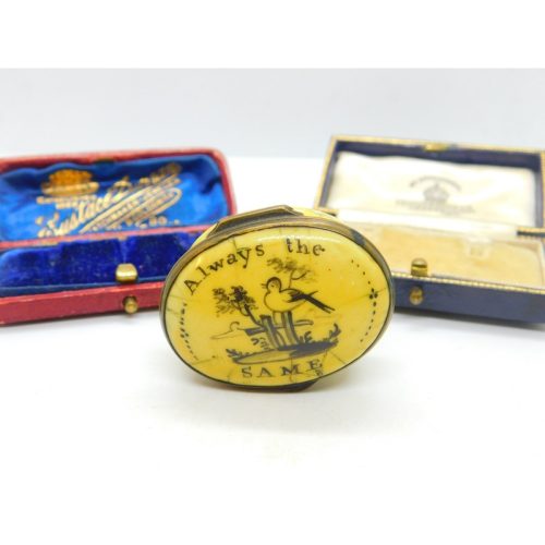 Georgian Yellow Bilston Enamel Patch Box ‘Always The Same’ Antique c1800