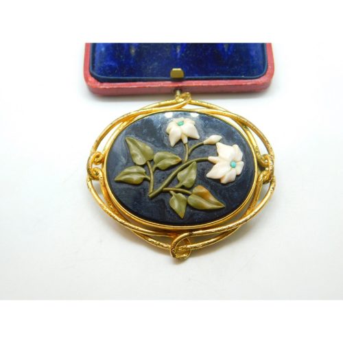 Large Pinchbeck Gold Victorian Pietra Dura Floral Brooch Antique c1860