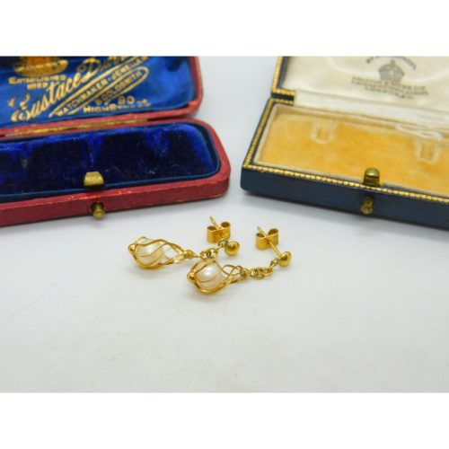 Pair Of 18ct Yellow Gold & Pearl Modernist Drop Earrings Vintage c1970