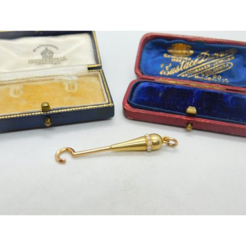 Victorian 15ct Yellow Gold & Seed Pearl Button Hook Fob Pendant Antique c1890