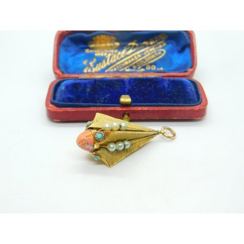 Victorian 18ct Yellow Gold, Coral, Pearl & Turquoise Obelisk Form Fob Pendant c1850