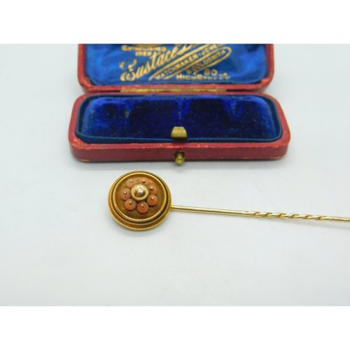 Victorian 18ct Yellow Gold & Coral Set Stick Pin Antique c1880 Etruscan Style