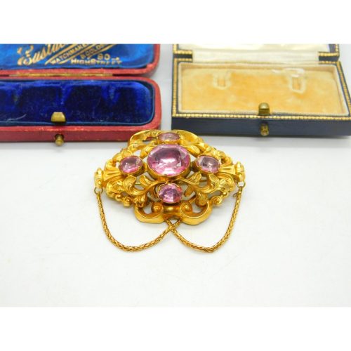 Victorian 18ct Yellow Gold & Foil Back Pink Paste Stylistic Brooch Antique c1850