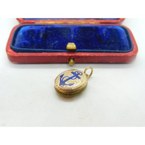 Victorian 9ct Gold Back & Front Blue Enamel Anchor Of Hope Mourning Locket c1880