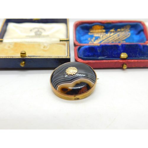 Victorian 9ct Gold & Banded Agate Target Mourning Brooch Antique c1880