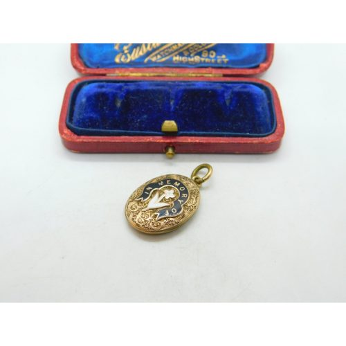 Victorian 9ct Gold & Enamel ‘In Memory Of’ Watercolour Miniature Locket Antique