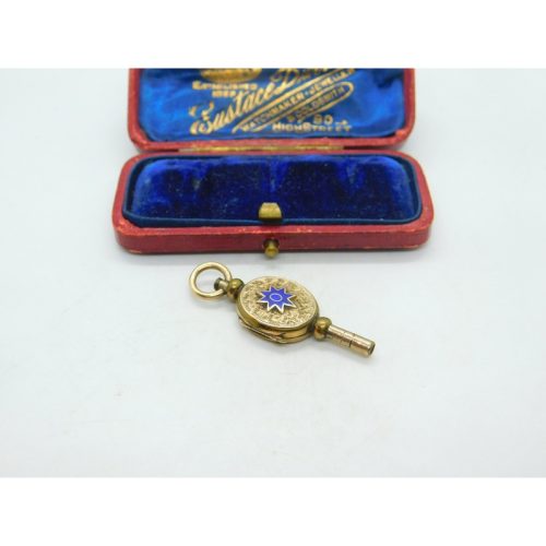 Victorian 9ct Yellow Gold Back & Watch Key Locket Blue Enamel Antique c1880