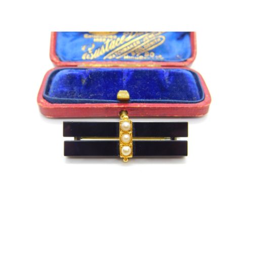 15ct Gold, Pearl & Jet Two Line Mourning Brooch Antique c1900 Victorian