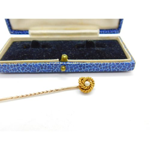 15ct Yellow Gold & Pearl Set Lovers Knot Stick Pin Antique c1910 Edwardian