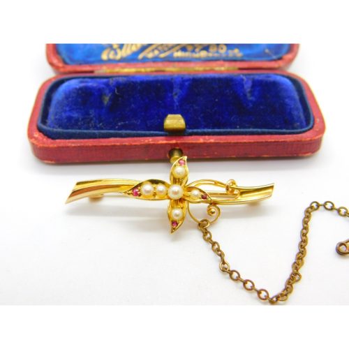 15ct Yellow Gold, Ruby & Pearl Art Nouveau Sweetheart Brooch Antique c1910