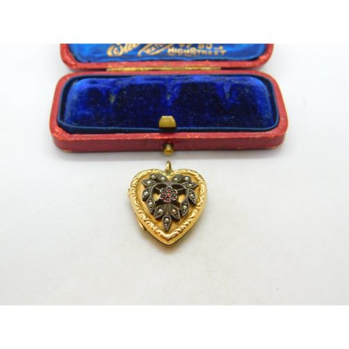 9ct Gold Back & Front, Seed Pearl & Garnet Heart Shaped Locket Antique c1920
