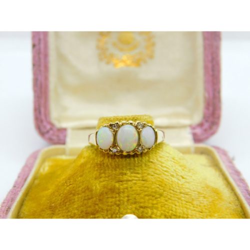9ct Gold, Cabochon Fire Opal & Diamond Boat Ring Vintage 1987 Sheffield