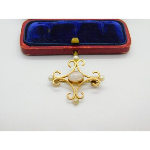 9ct Gold Victorian Style Fire Opal & Pearl Brooch Pendant Vintage 1985 Birmingham
