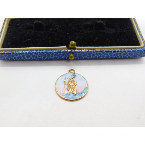9ct Rose Gold & Sunset Tone Enamel St Christopher Travel Charm Pendant Vintage