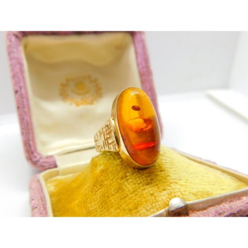 9ct Yellow Gold & Cabochon Baltic Amber Band Ring Vintage c1970 Textured