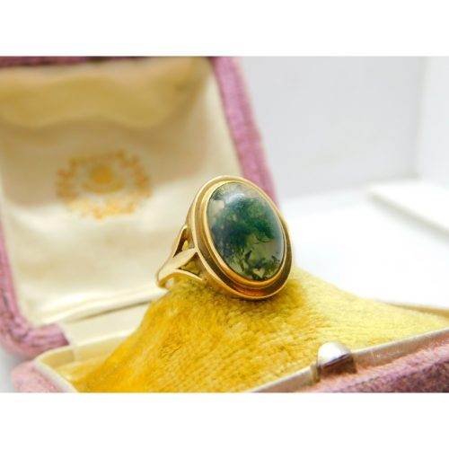 9ct Yellow Gold & Cabochon Moss Agate Signet Ring Vintage c1960 Size O UK