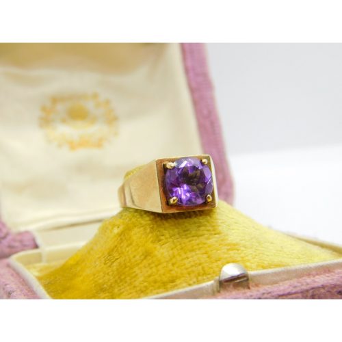 9ct Yellow Gold & Cushion Cut Amethyst Modernist Ring Vintage 1970 Birmingham
