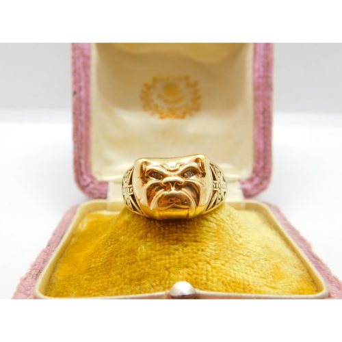 9ct Yellow Gold & Diamond Set British Bulldog Band Ring Vintage c1970
