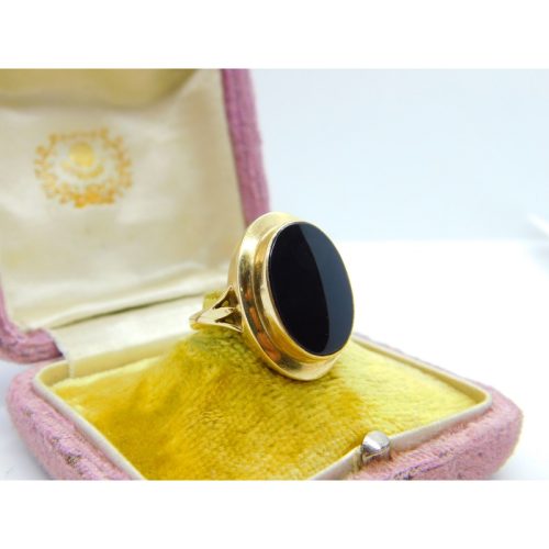9ct Yellow Gold & Large Onyx Panel Signet Ring Vintage 1992 Birmingham