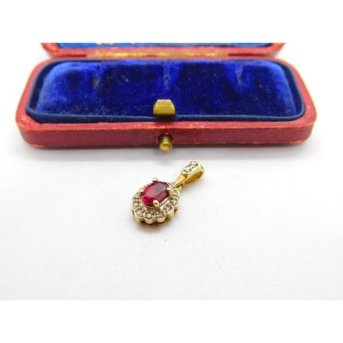 9ct Yellow Gold, Ruby & Diamond Floral Drop Pendant Vintage c1980