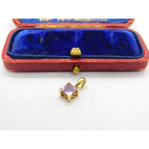 9ct Yellow Gold & Square Cut Amethyst Drop Pendant Vintage c1980
