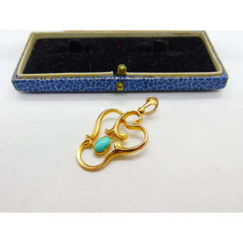 Art Nouveau 10ct Gold & Cabochon Turquoise Lavalier Drop Pendant Antique c1900