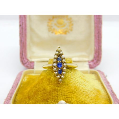 Austro-Hungarian 14ct Gold, Seed Pearl & Sapphire Marquise Form Ring Antique