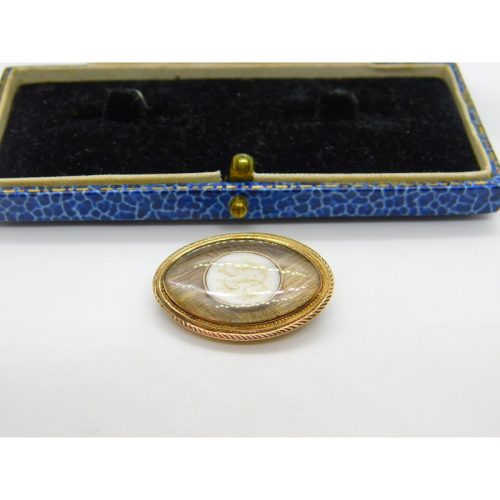 Early Georgian 9ct Rose Gold, Hair Weave & Pique Shell Mourning Brooch c1780