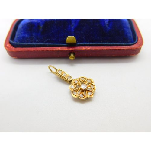 Early Victorian 18ct Gold & Old-Mine Cut Diamond Floral Drop Pendant Antique