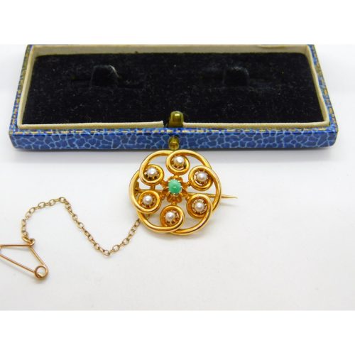 Edwardian 15ct Gold, Turquoise & Pearl Floral Swirl Brooch Antique c1910