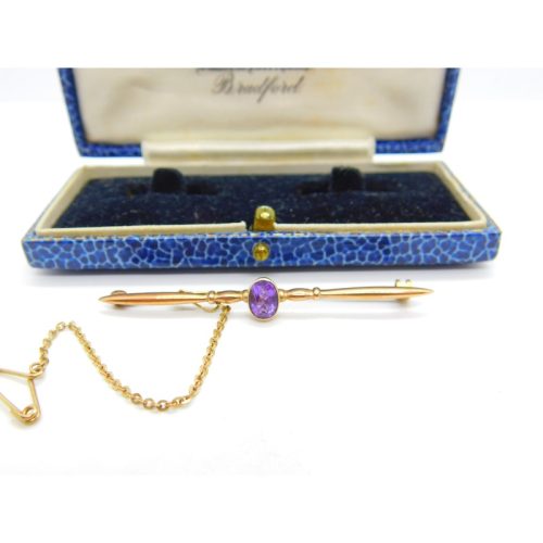 Edwardian 9ct Gold & Amethyst Set Bar Brooch Antique c1910