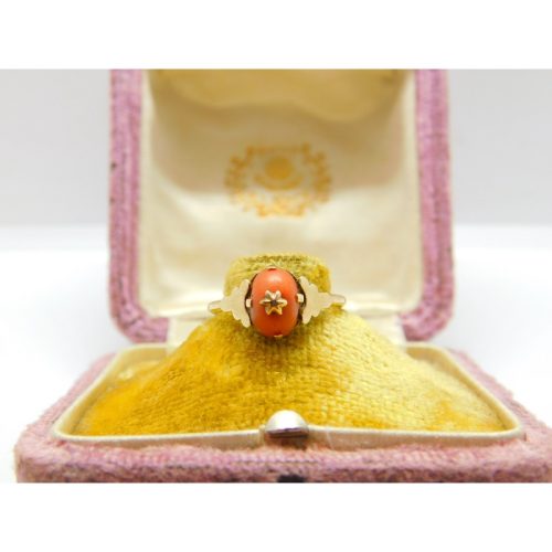 Edwardian 9ct Gold, Cabochon Coral & Diamond Band Ring Antique c1910