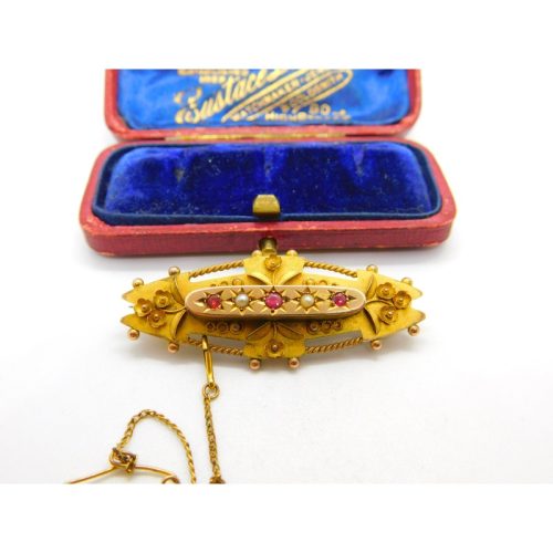 Edwardian 9ct Gold, Garnet & Seed Pearl Sweetheart Brooch Antique 1905