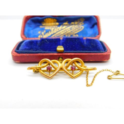 Edwardian 9ct Gold & Ruby Set Double Heart Sweetheart Brooch Antique c1910