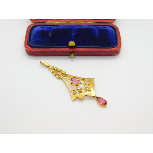 Edwardian 9ct Gold, Seed Pearl & Pink Topaz Lavalier Drop Pendant Antique c1910