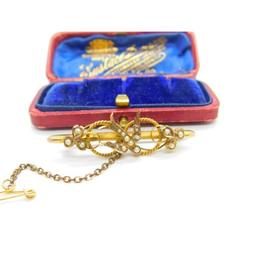 Edwardian 9ct Gold & Seed Pearl Swallow Sweetheart Brooch Antique 1908 Chester