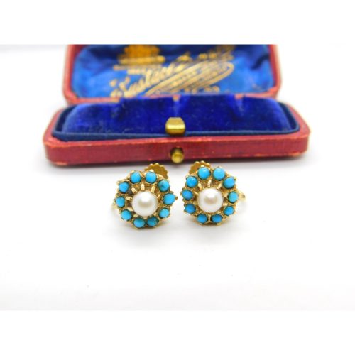 Edwardian 9ct Gold, Turquoise & Pearl Screw Back Earrings Antique c1910
