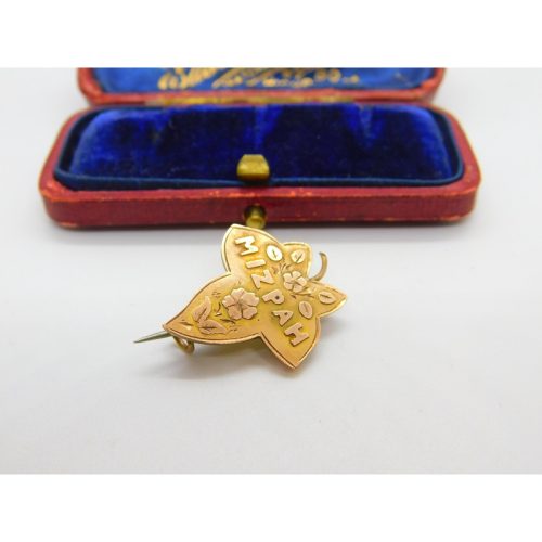 Edwardian 9ct Yellow Gold Mizpah Ivy Leaf Sweetheart Brooch Antique c1910