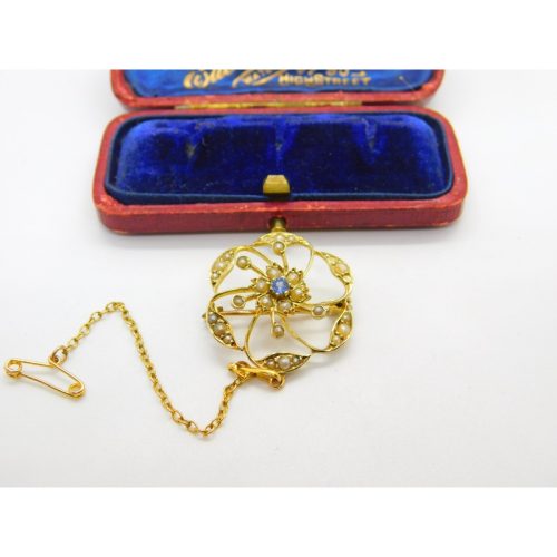 Edwardian 9ct Yellow Gold, Seed Pearl & Sapphire Floral Brooch Pendant c1910