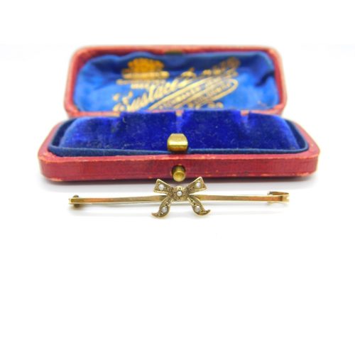 Edwardian 9ct Yellow Gold & Seed Pearl Set Ribbon Sweetheart Brooch Antique 1910