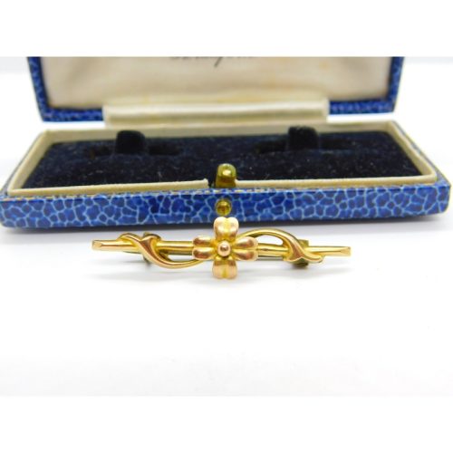 Edwardian 9ct Yellow Gold Shamrock & Floral Good Luck Brooch c1910