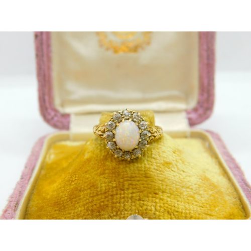 Fiery Opal and 0.5ct Diamond 18ct Yellow Gold Ring Antique Edwardian c1910