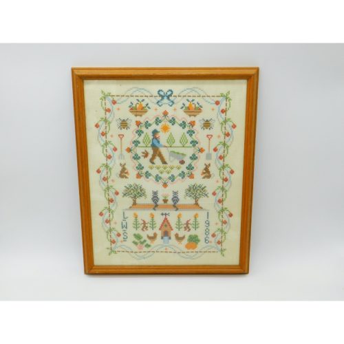 Framed Needlework Wool Sampler Gardening Scene Colourful LWS 1986 Vintage