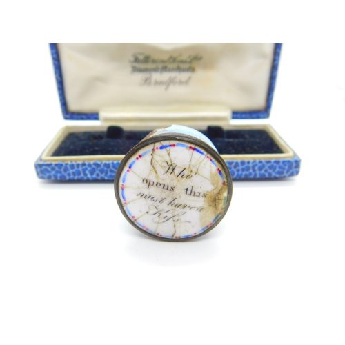 Georgian Bilston Enamel Patch Box ‘Who Opens This Must Have a Kiss’ Antique 1790