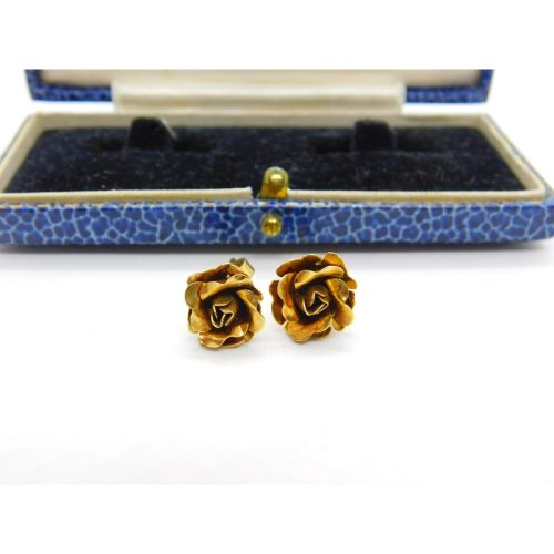 Pair of 9ct Yellow Gold Rose or Spring Flower Stud Earrings Vintage c1970