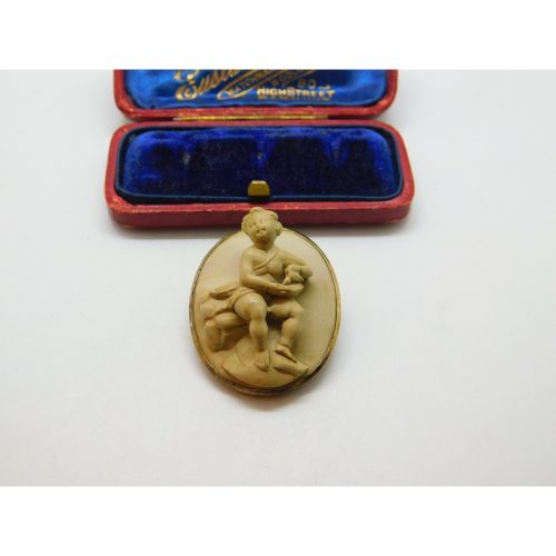 Regency Grand Tour Gold Set Carved Lava Cherub Baby High Relief Cameo Brooch c1830